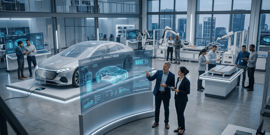 Lucid Motors leadership team reviewing electric vehicle development plans amid organizational changes under CEO Silvio Napoli.