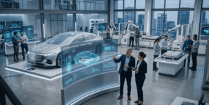 Lucid Motors leadership team reviewing electric vehicle development plans amid organizational changes under CEO Silvio Napoli.