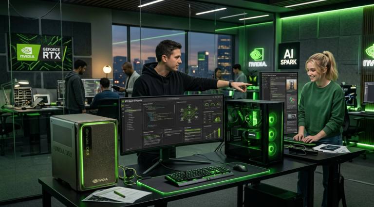 Nvidia RTX Spark AI PC and DGX Station running local AI agents for productivity, content creation, and advanced computing tasks.