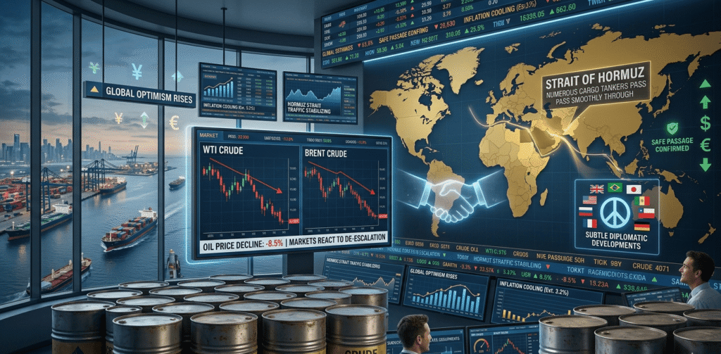 Global oil market showing falling crude prices, Strait of Hormuz shipping routes, and improved sentiment from U.S.-Iran ceasefire talks.