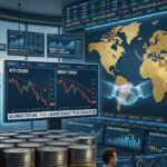 Global oil market showing falling crude prices, Strait of Hormuz shipping routes, and improved sentiment from U.S.-Iran ceasefire talks.