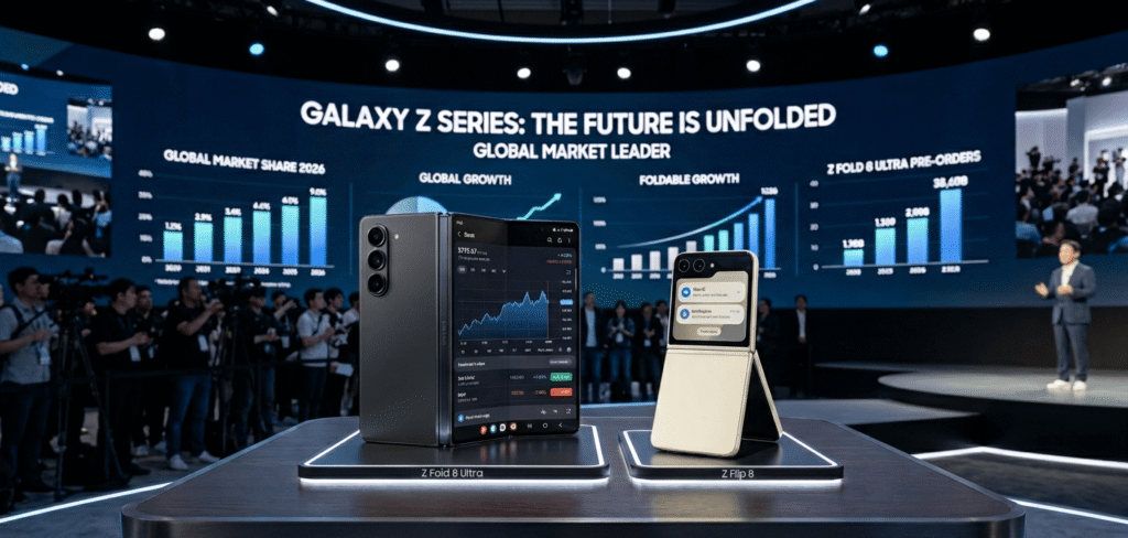 Samsung Galaxy Z Fold 8 Ultra and Galaxy Z Flip 8 foldable smartphones displayed with market forecast charts showing reduced shipment targets.