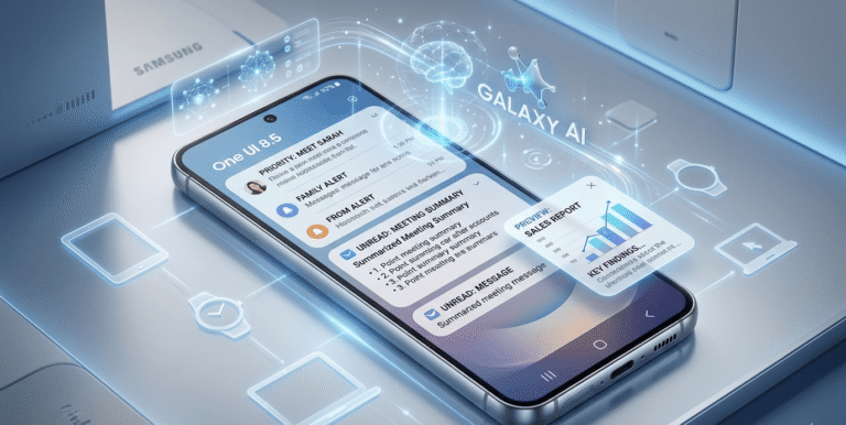 Samsung Galaxy S25 running One UI 8.5 update with Galaxy AI notification prioritization and file summary features restored.