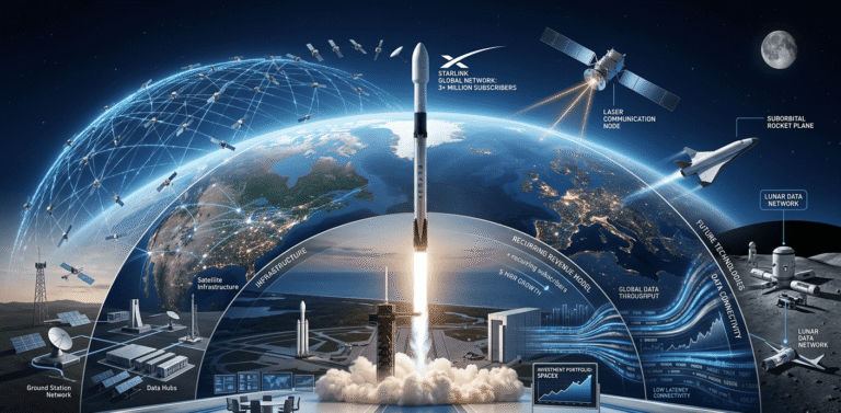 SpaceX infrastructure platform featuring Starlink satellites, rocket launches, and digital network systems supporting long-term growth.