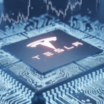 Tesla vehicle with financial market charts and AI technology graphics illustrating investor focus on future growth opportunities.