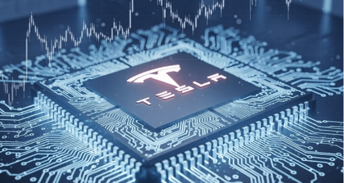 Tesla vehicle with financial market charts and AI technology graphics illustrating investor focus on future growth opportunities.
