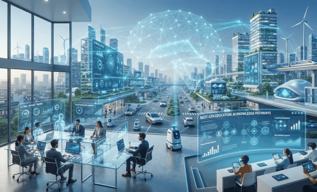Futuristic illustration of artificial intelligence transforming business, education, and technology through automation, smart analytics, and digital innovation.