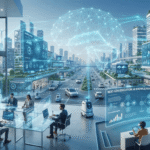 Futuristic illustration of artificial intelligence transforming business, education, and technology through automation, smart analytics, and digital innovation.