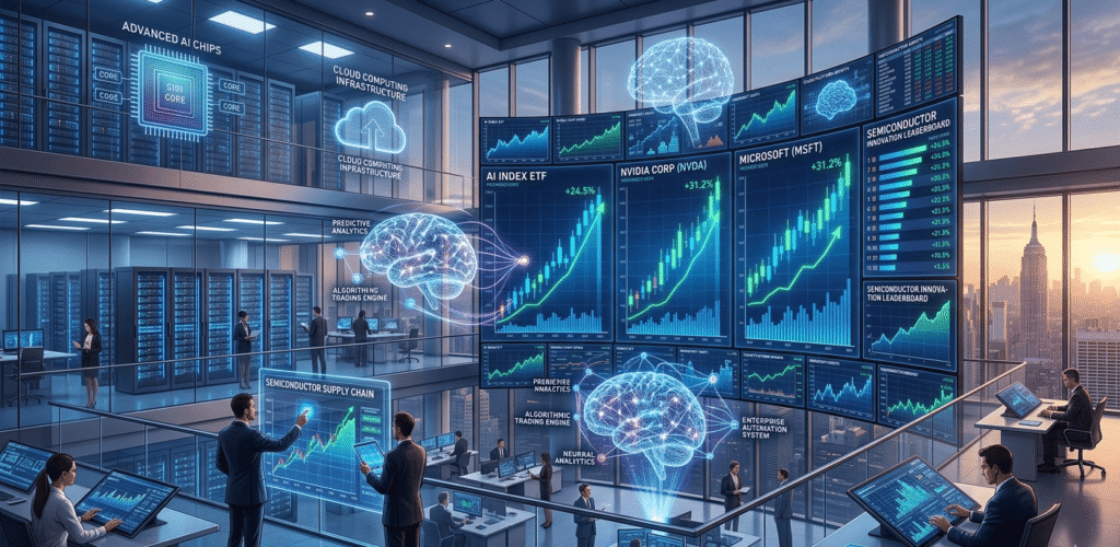 Artificial intelligence investment concept showing AI chips, cloud infrastructure, data centers, and rising stock charts representing top AI stocks for 2026.