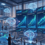 Artificial intelligence investment concept showing AI chips, cloud infrastructure, data centers, and rising stock charts representing top AI stocks for 2026.