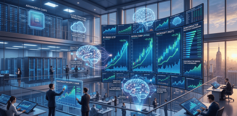 Artificial intelligence investment concept showing AI chips, cloud infrastructure, data centers, and rising stock charts representing top AI stocks for 2026.
