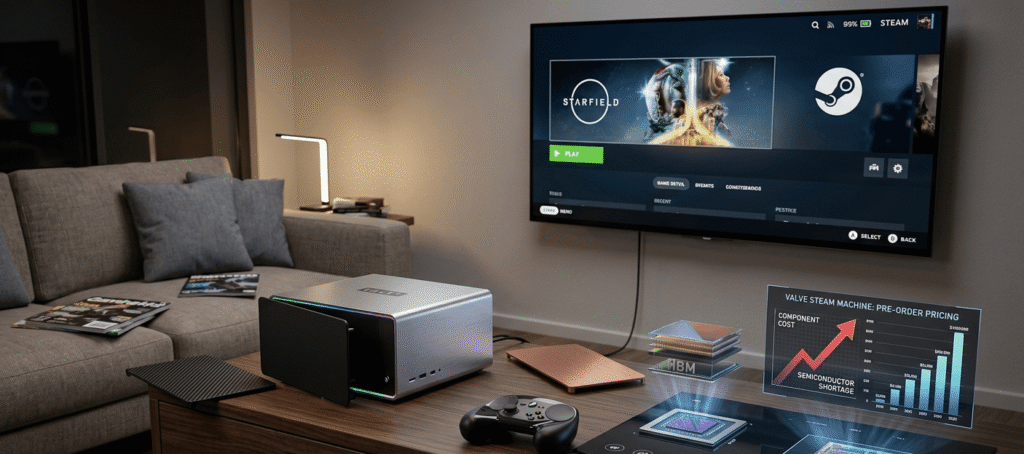 Valve Steam Machine gaming PC connected to a television in a modern living room, illustrating premium pricing and next-generation gaming hardware ahead of launch.