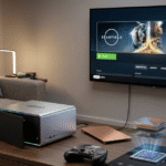 Valve Steam Machine gaming PC connected to a television in a modern living room, illustrating premium pricing and next-generation gaming hardware ahead of launch.