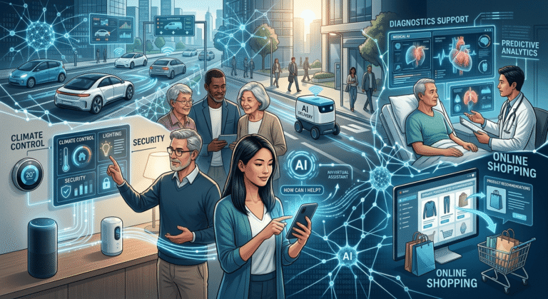 Artificial intelligence technologies powering smartphones, smart homes, healthcare, and daily digital experiences.