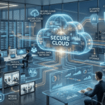 Digital cloud computing network connecting servers, data centers, laptops, and mobile devices through secure internet infrastructure.