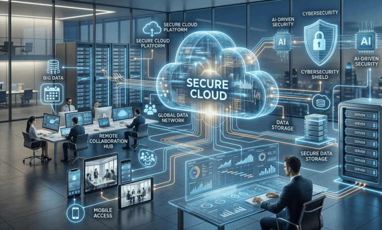 Digital cloud computing network connecting servers, data centers, laptops, and mobile devices through secure internet infrastructure.