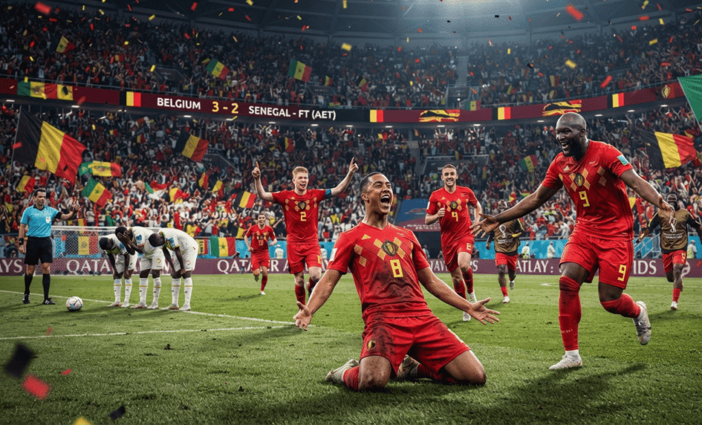FIFA World Cup 2026: Belgium players celebrate after defeating Senegal 3-2 in extra time during the Round of 32 match.