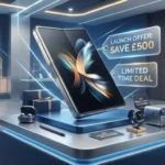 Illustration of the Honor Magic V6 foldable smartphone with a £500 UK launch discount, free accessories, premium design, and exclusive promotional offers.