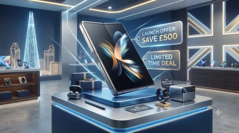 Illustration of the Honor Magic V6 foldable smartphone with a £500 UK launch discount, free accessories, premium design, and exclusive promotional offers.