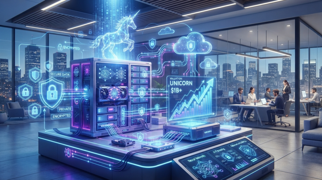 Illustration of Venice AI becoming a unicorn startup with $65 million funding, featuring secure AI infrastructure, encrypted data networks, and privacy-focused artificial intelligence technology.