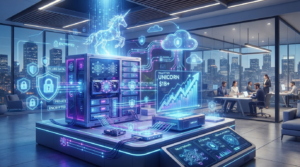 Illustration of Venice AI becoming a unicorn startup with $65 million funding, featuring secure AI infrastructure, encrypted data networks, and privacy-focused artificial intelligence technology.