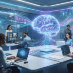 Illustration of generative AI creating text, images, code, and digital content using neural networks in a futuristic technology environment.