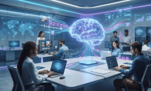 Illustration of generative AI creating text, images, code, and digital content using neural networks in a futuristic technology environment.