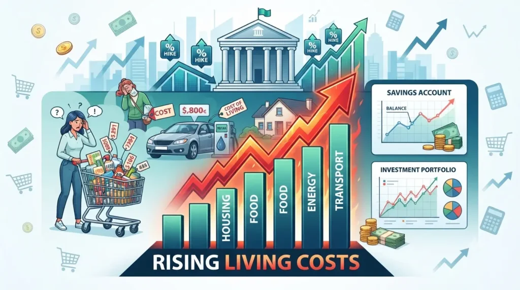 Professional illustration explaining inflation with rising price charts, household expenses, savings, investments, and interest rates affecting personal finances.