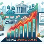 Professional illustration explaining inflation with rising price charts, household expenses, savings, investments, and interest rates affecting personal finances.
